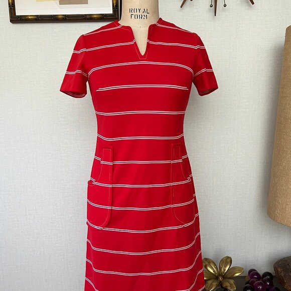 EUC Vintage 1960s Verona Knits Polyester Striped Shift Dress Medium Large - Picture 2 of 10
